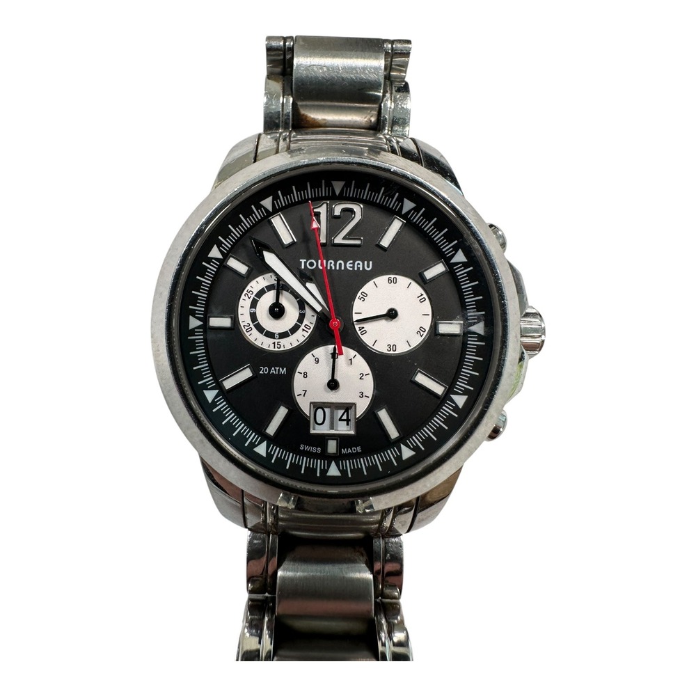 Tourneau‎ Timepieces Stainless Steel Chronograph Watch Black Dial Mens